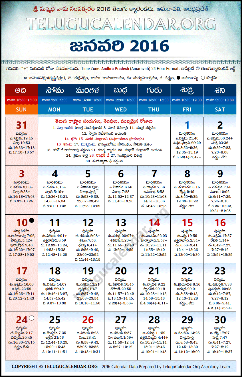 Telugu Calendar 2016 January, Andhra Pradesh