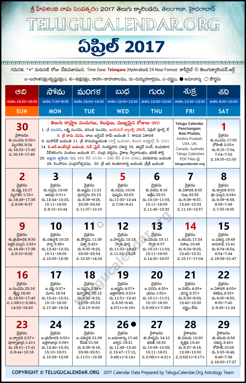 Telugu Calendar 2017 April, Telangana