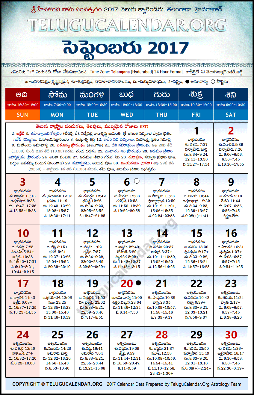 Telugu Calendar 2017 September, Telangana