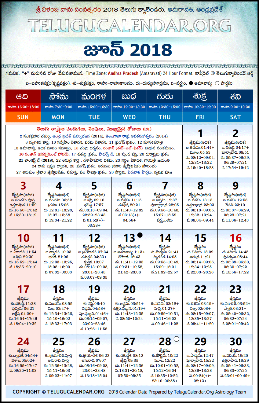 Telugu Calendar 2018 June, Andhra Pradesh
