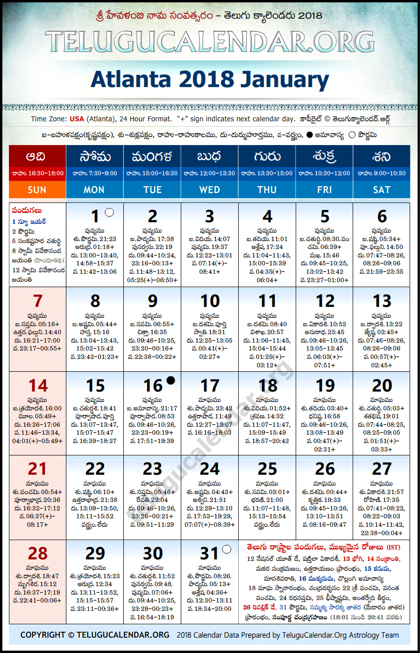 Telugu Calendar 2018 January, Atlanta