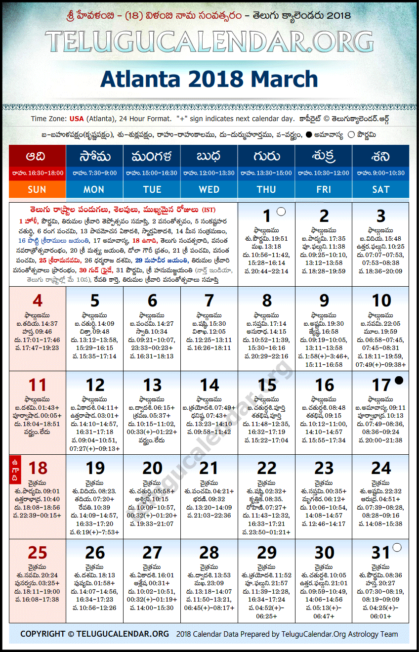 Telugu Calendar 2018 March, Atlanta