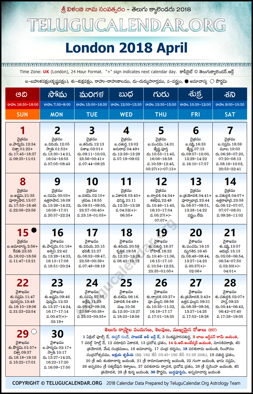 Telugu Calendar 2018 April, London