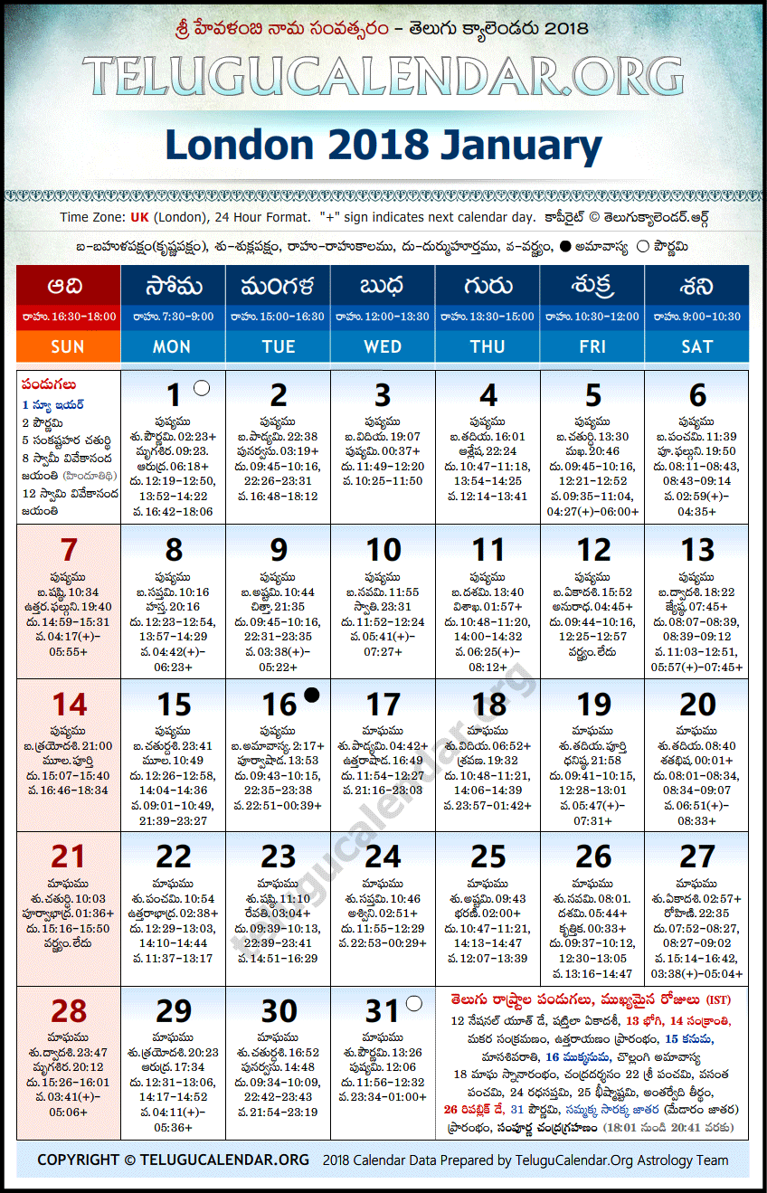 Telugu Calendar 2018 January, London