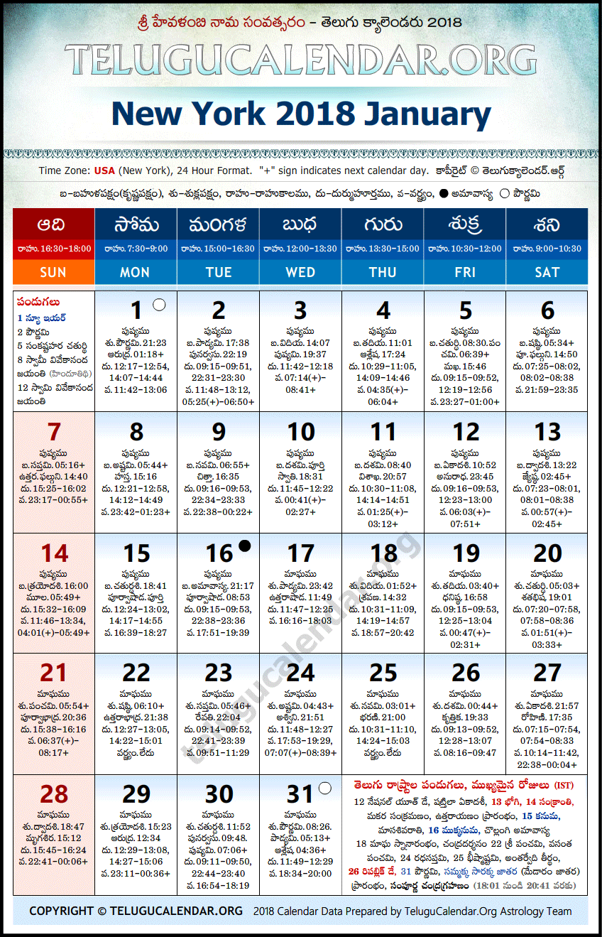 Telugu Calendar 2018 January, New York