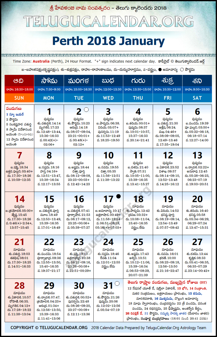 Telugu Calendar 2018 January, Perth