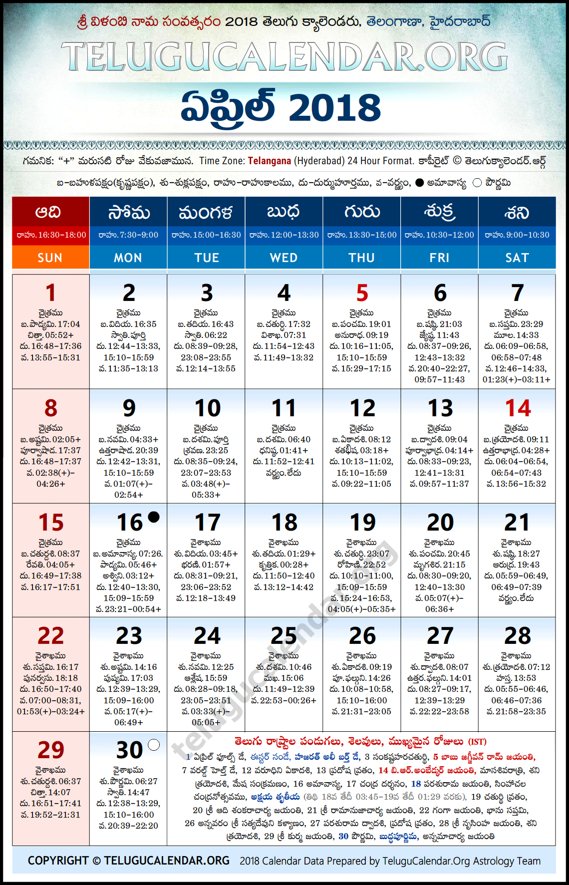 Telangana Telugu Calendar 2018 April High Resolution Download