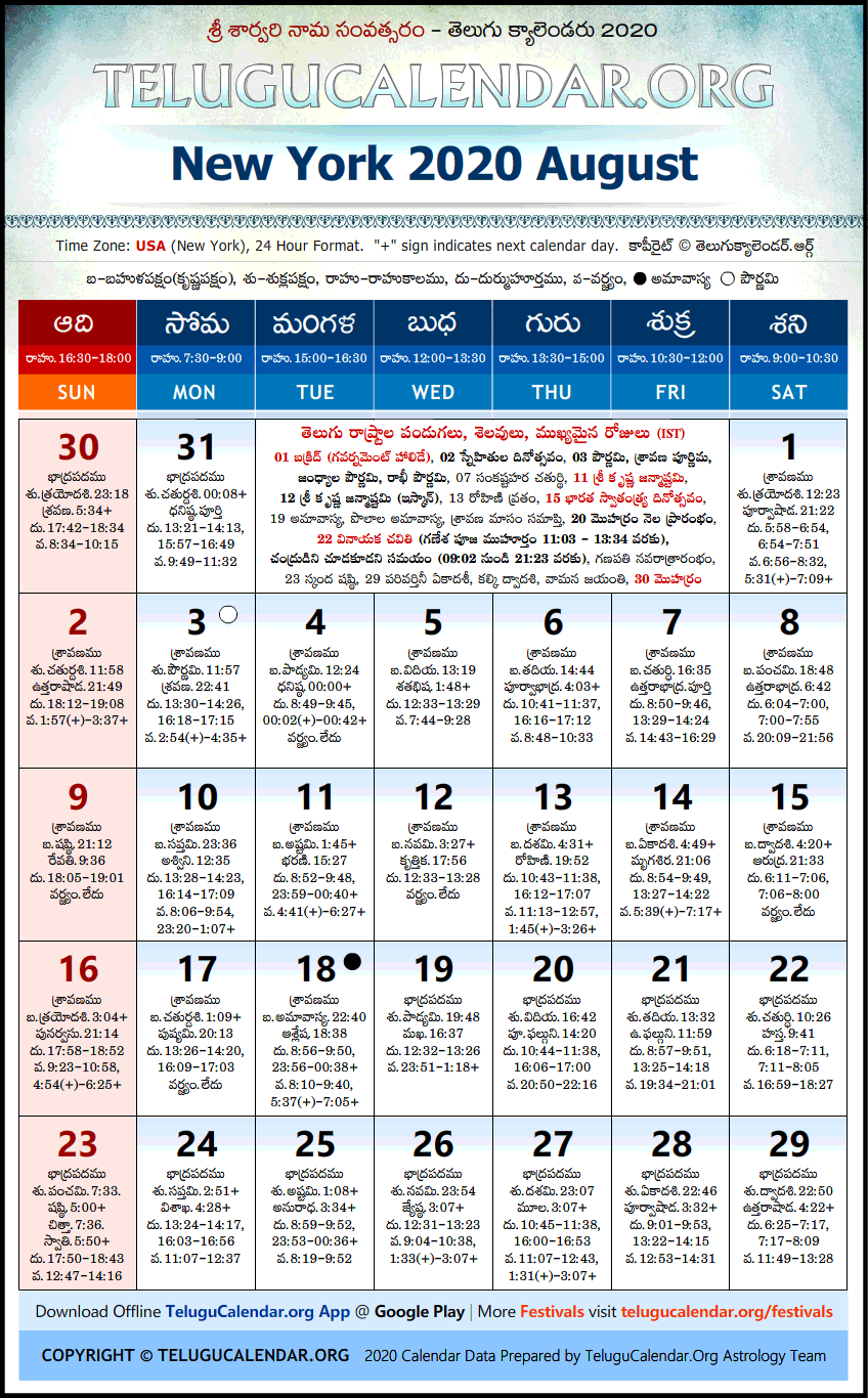 Telugu Calendar 2020 August, New York