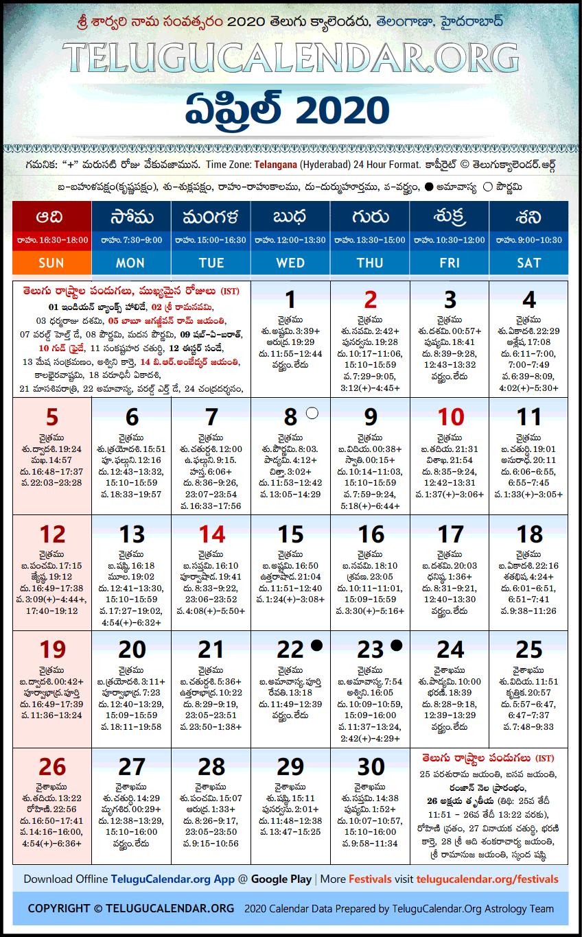 Telugu Calendar 2020 April, Telangana