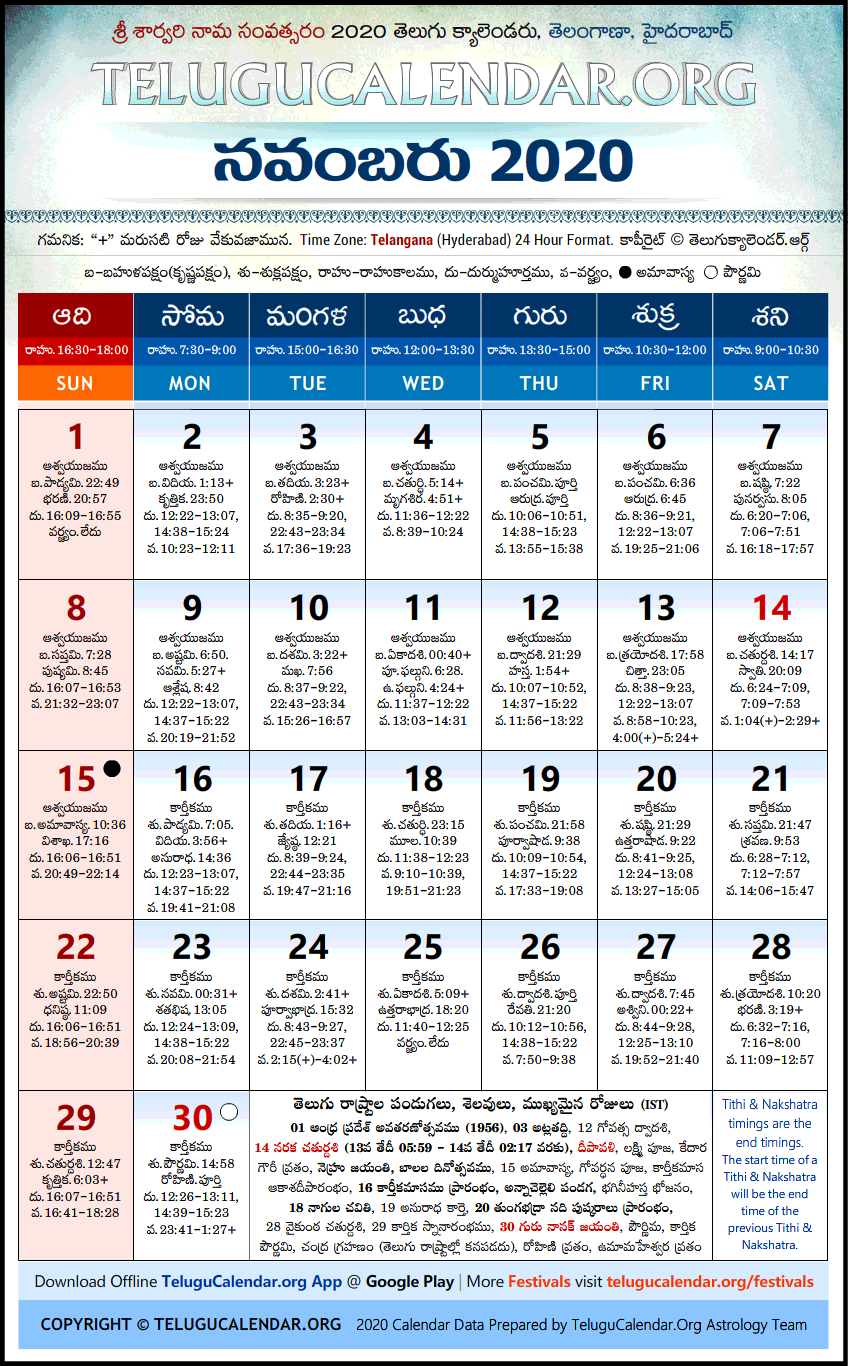 Telangana Telugu Calendars 2020 November Festivals PDF