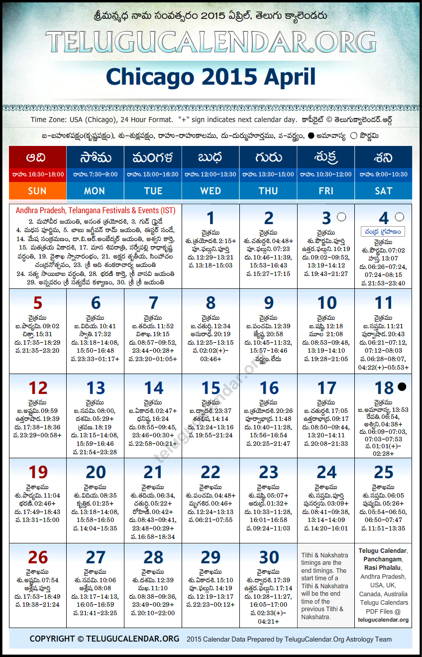 Telugu Calendar 2015 April, Chicago