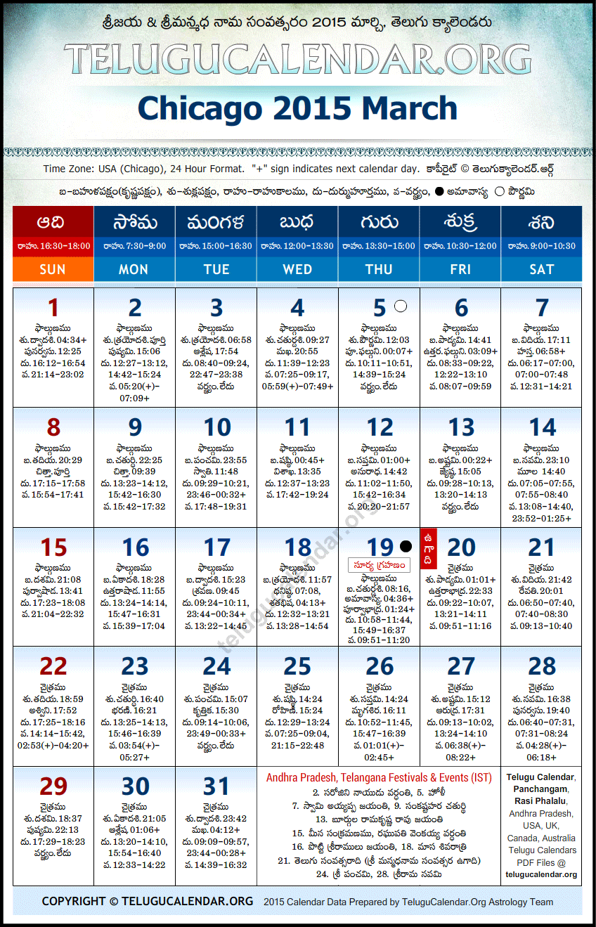 Telugu Calendar 2015 March, Chicago