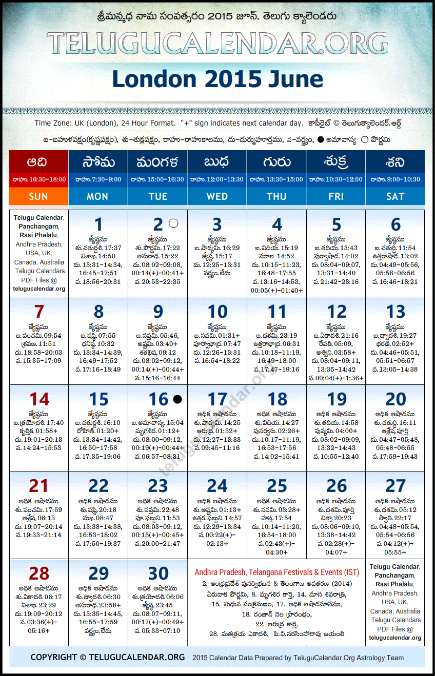 Telugu Calendar 2015 June, London