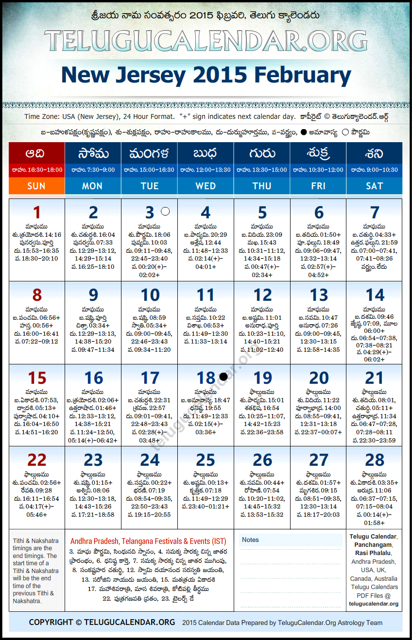 Telugu Calendar 2015 February, New Jersey