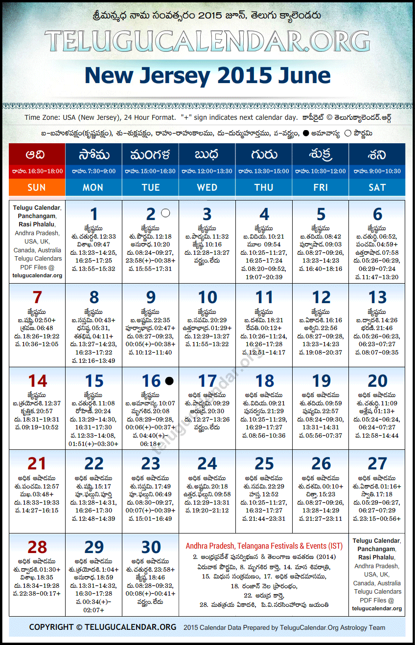 Telugu Calendar 2015 June, New Jersey