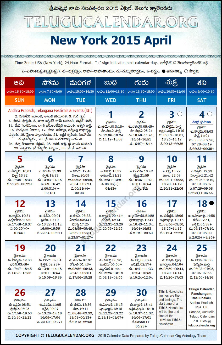 Telugu Calendar 2015 April, New York