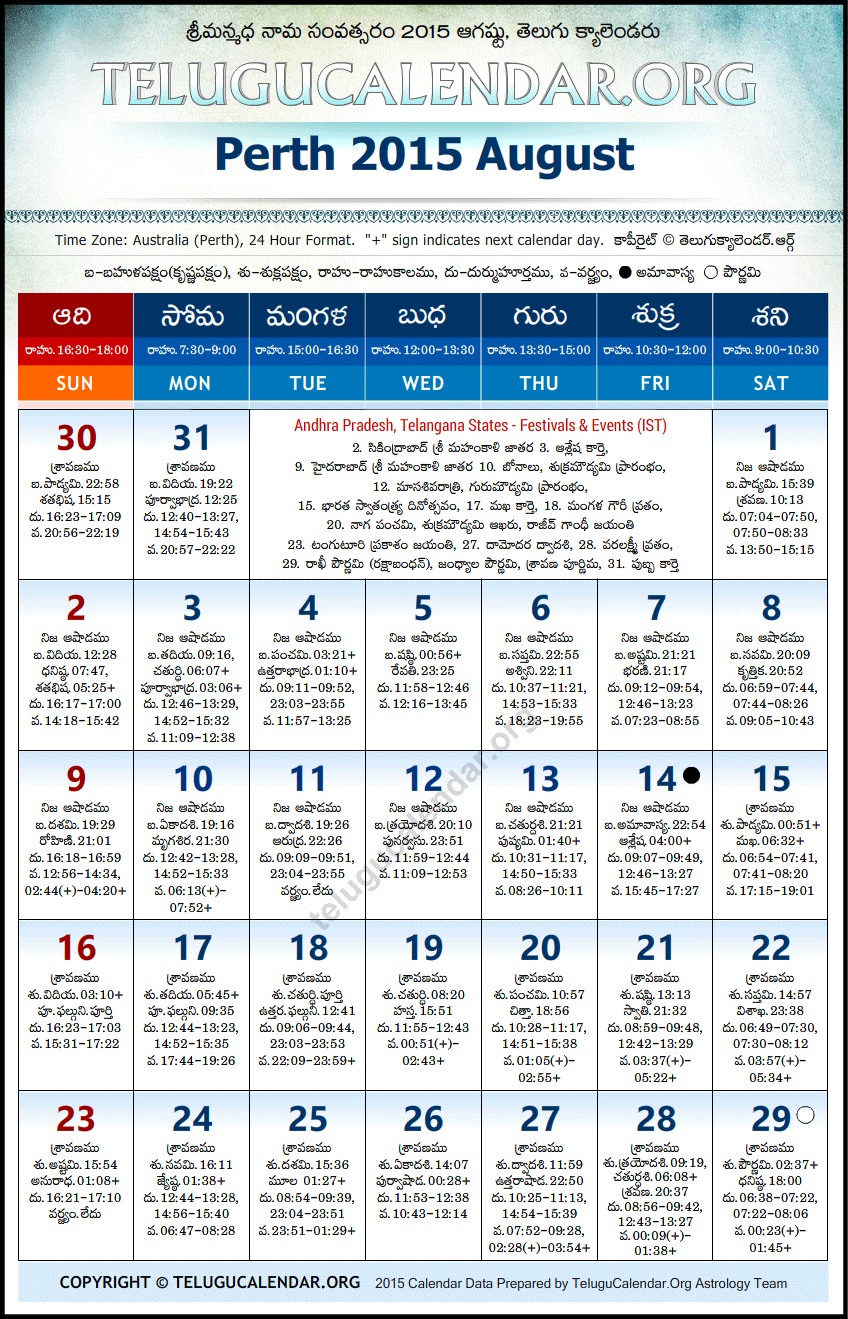 Telugu Calendar 2015 August, Perth