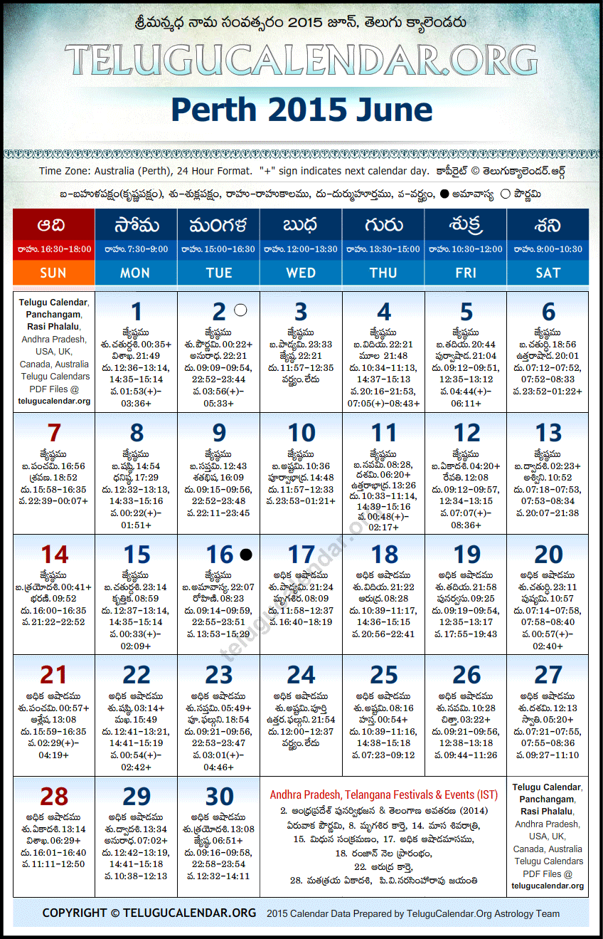 Telugu Calendar 2015 June, Perth