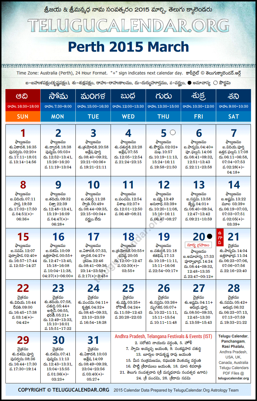 Telugu Calendar 2015 March, Perth