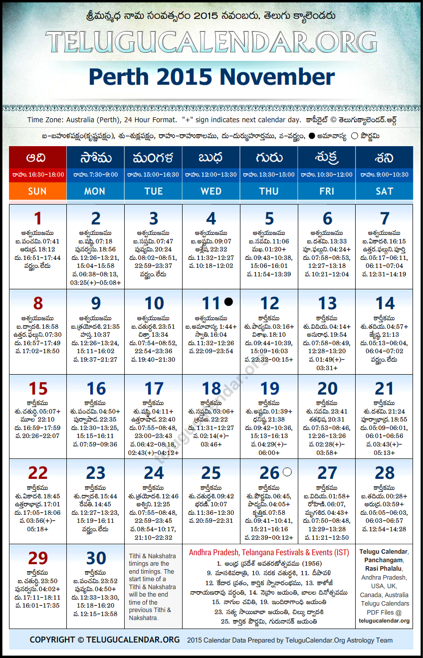 Telugu Calendar 2015 November, Perth