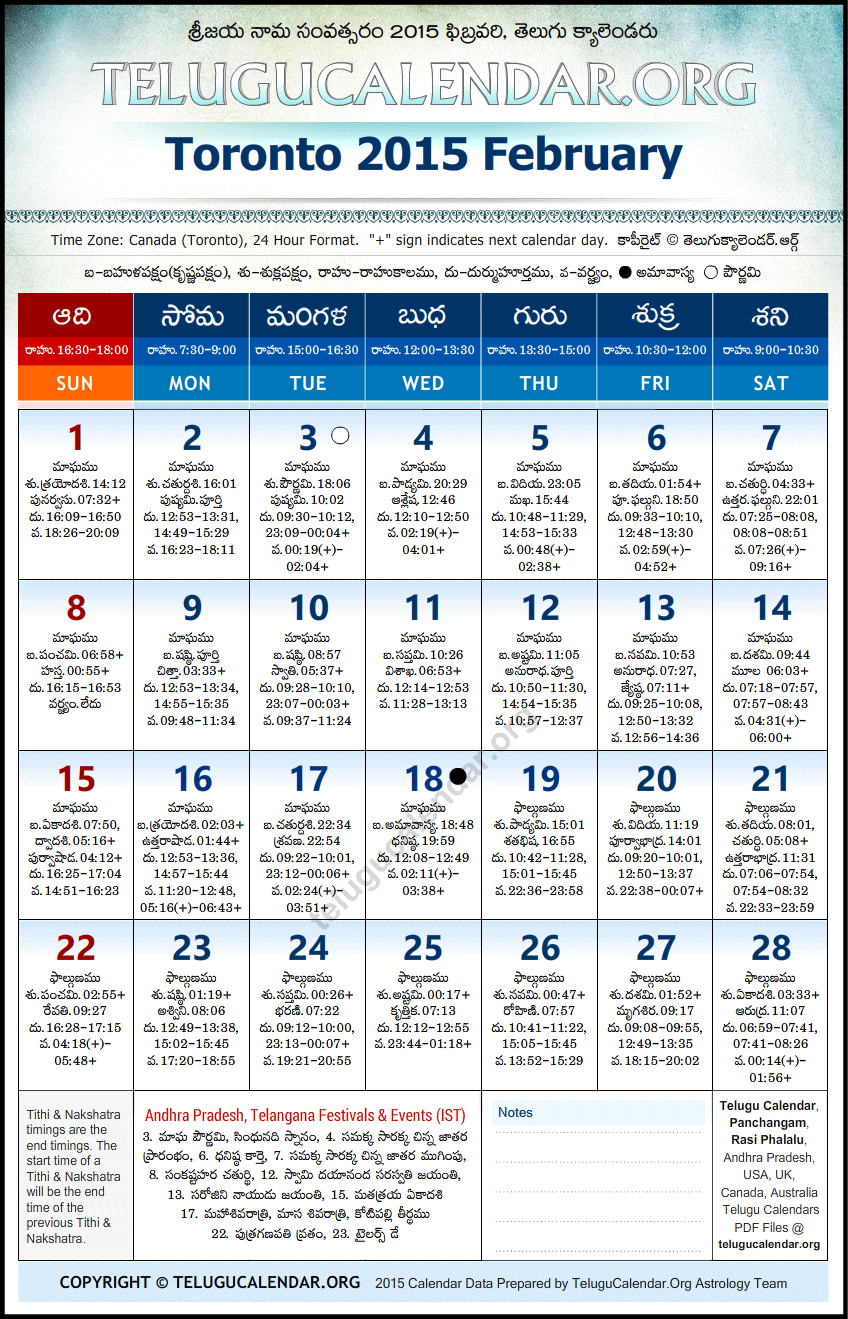 Telugu Calendar 2015 February, Toronto