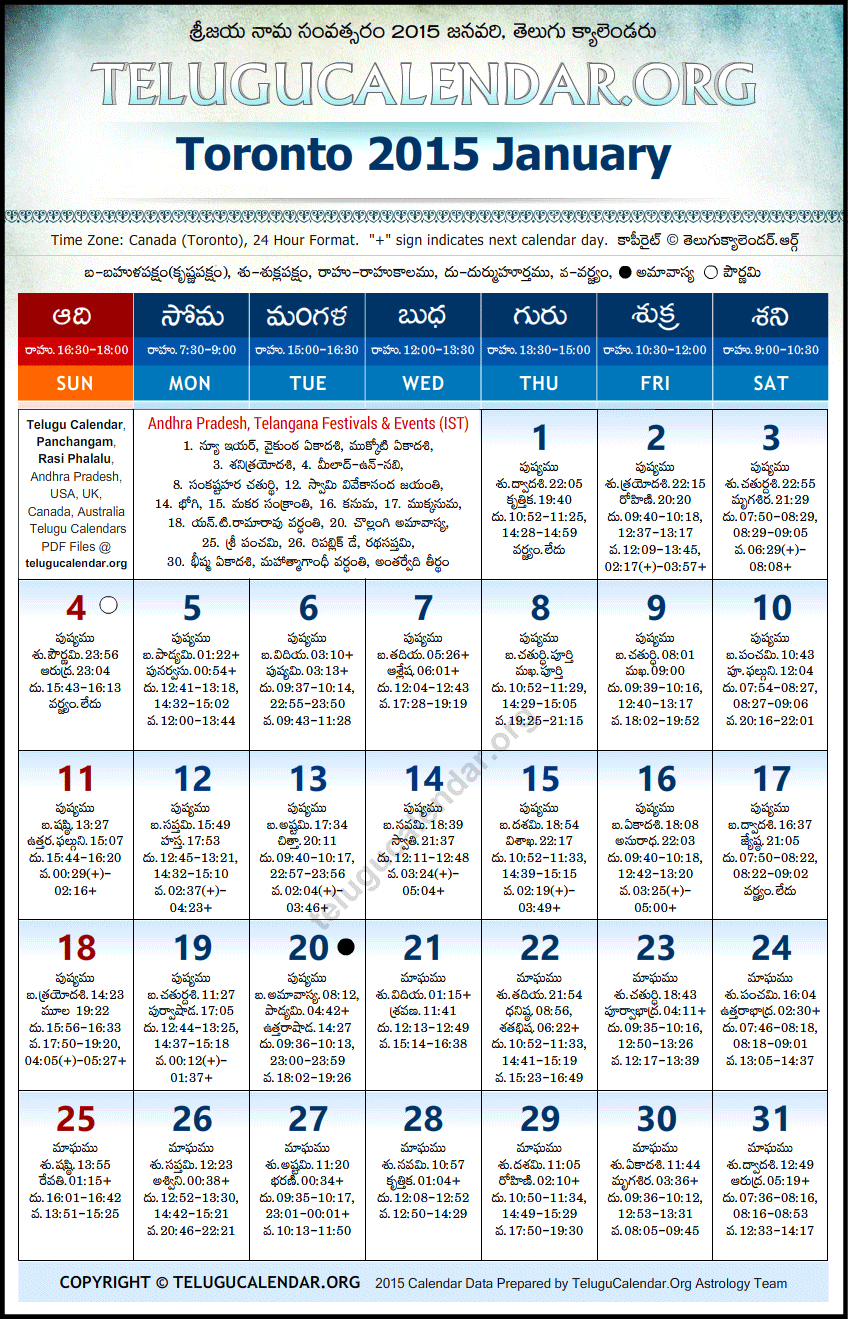 Telugu Calendar 2015 January, Toronto