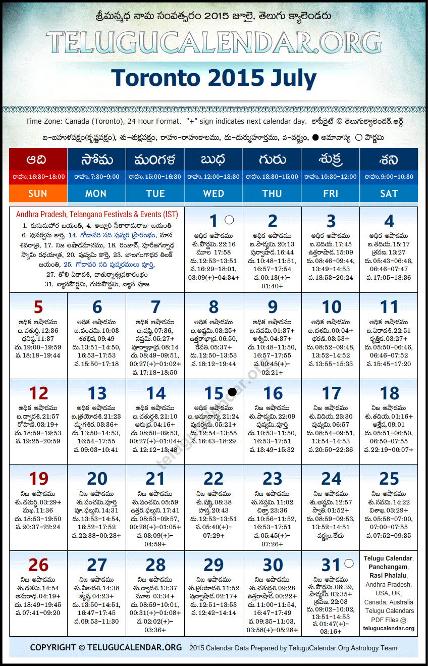 Telugu Calendar 2015 July, Toronto