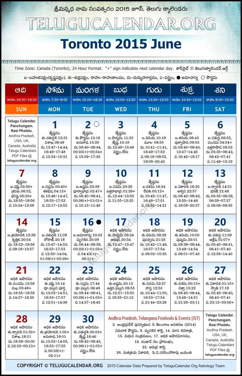 Telugu Calendar 2015 June, Toronto