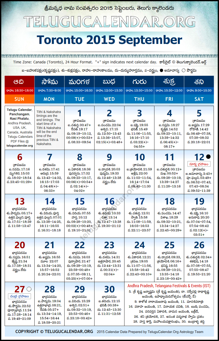 Telugu Calendar 2015 September, Toronto