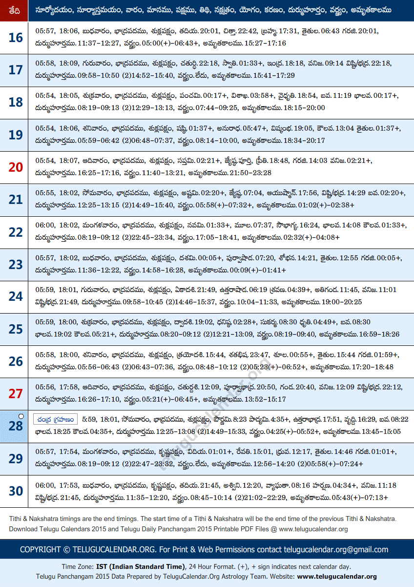 Telugu Panchangam 2015 September Sheet-2