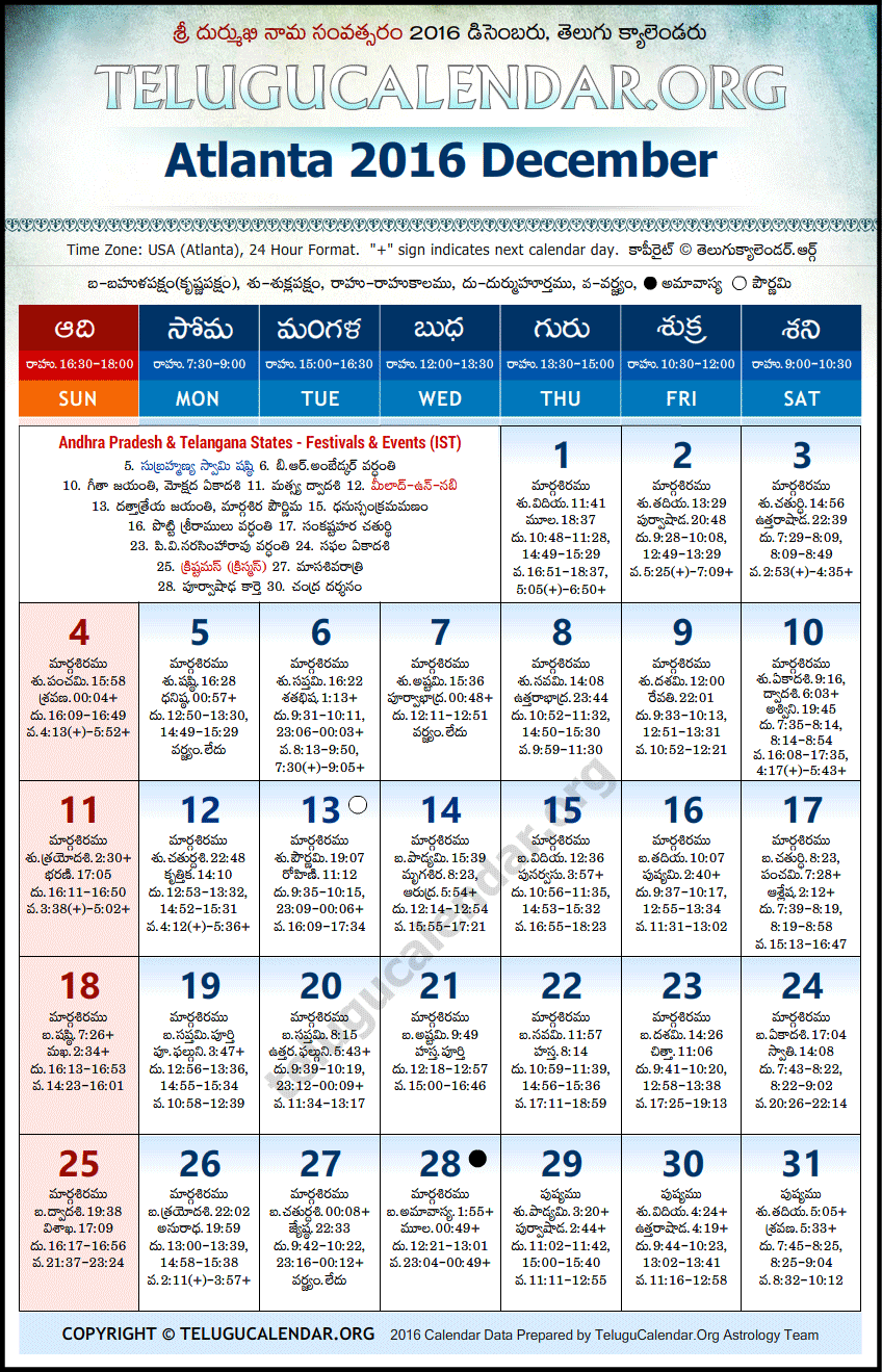 Telugu Calendar 2016 December, Atlanta