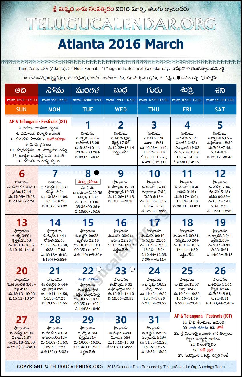 Telugu Calendar 2016 March, Atlanta