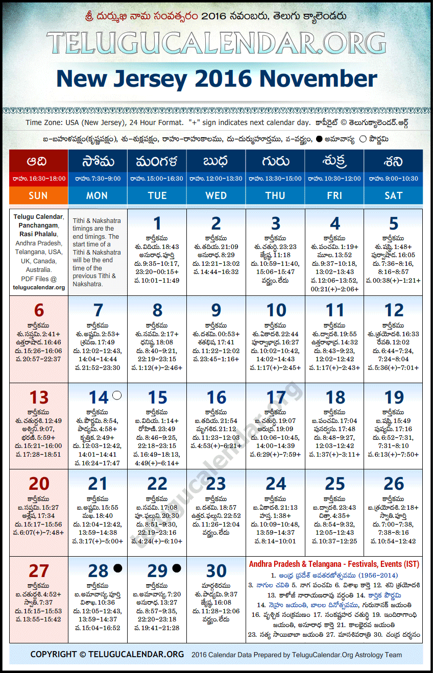 Telugu Calendar 2016 November, New Jersey