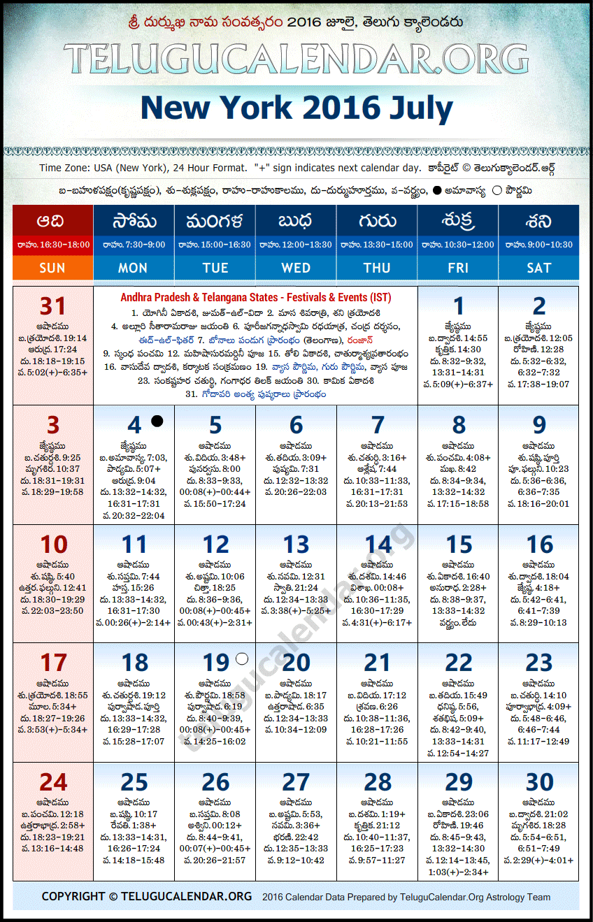 Telugu Calendar 2016 July, New York