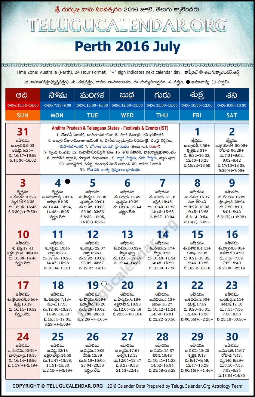Telugu Calendar 2016 July, Perth