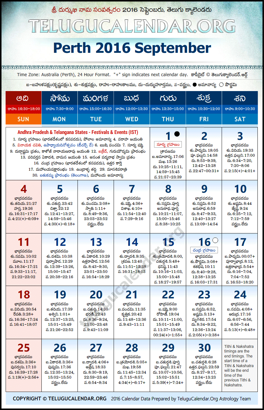 Telugu Calendar 2016 September, Perth