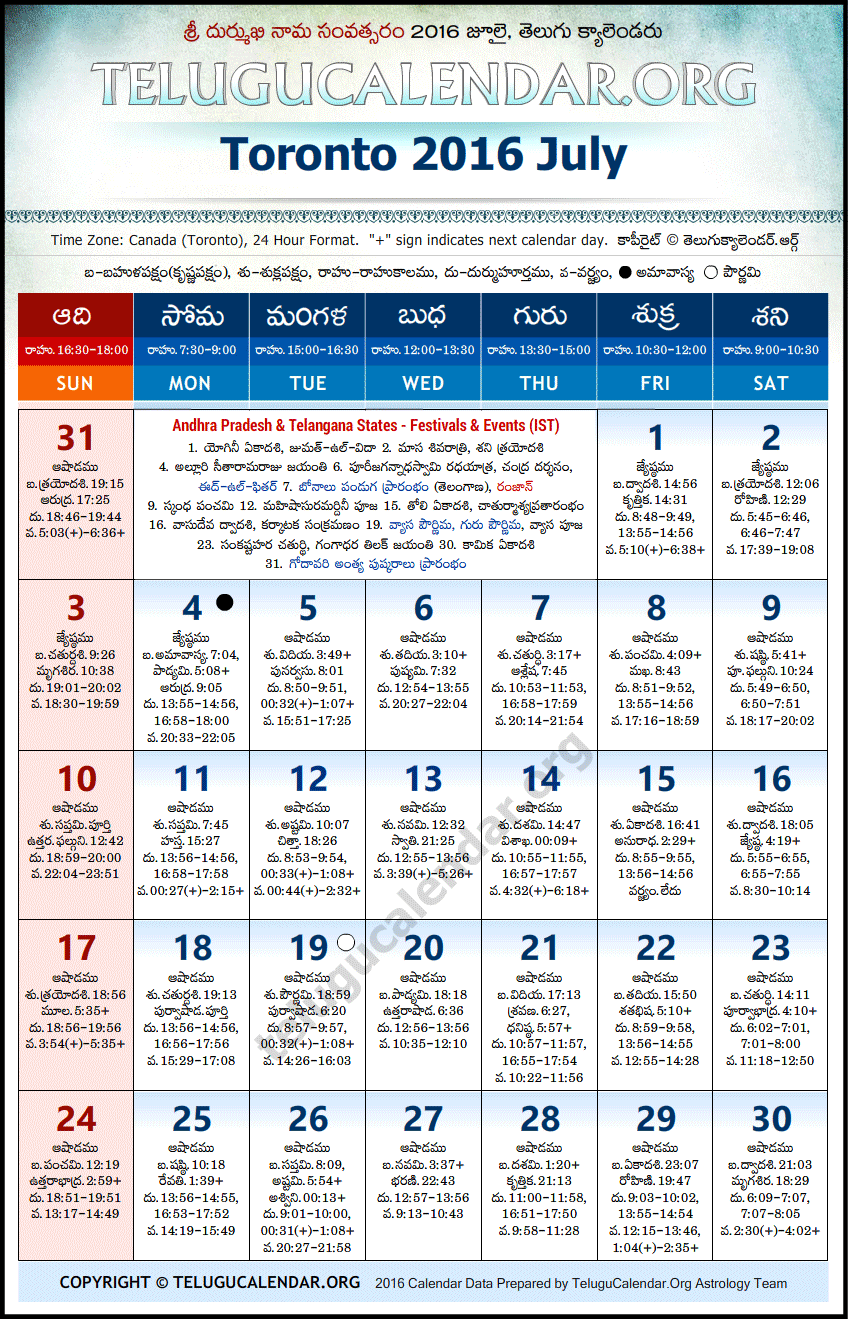 Telugu Calendar 2016 July, Toronto