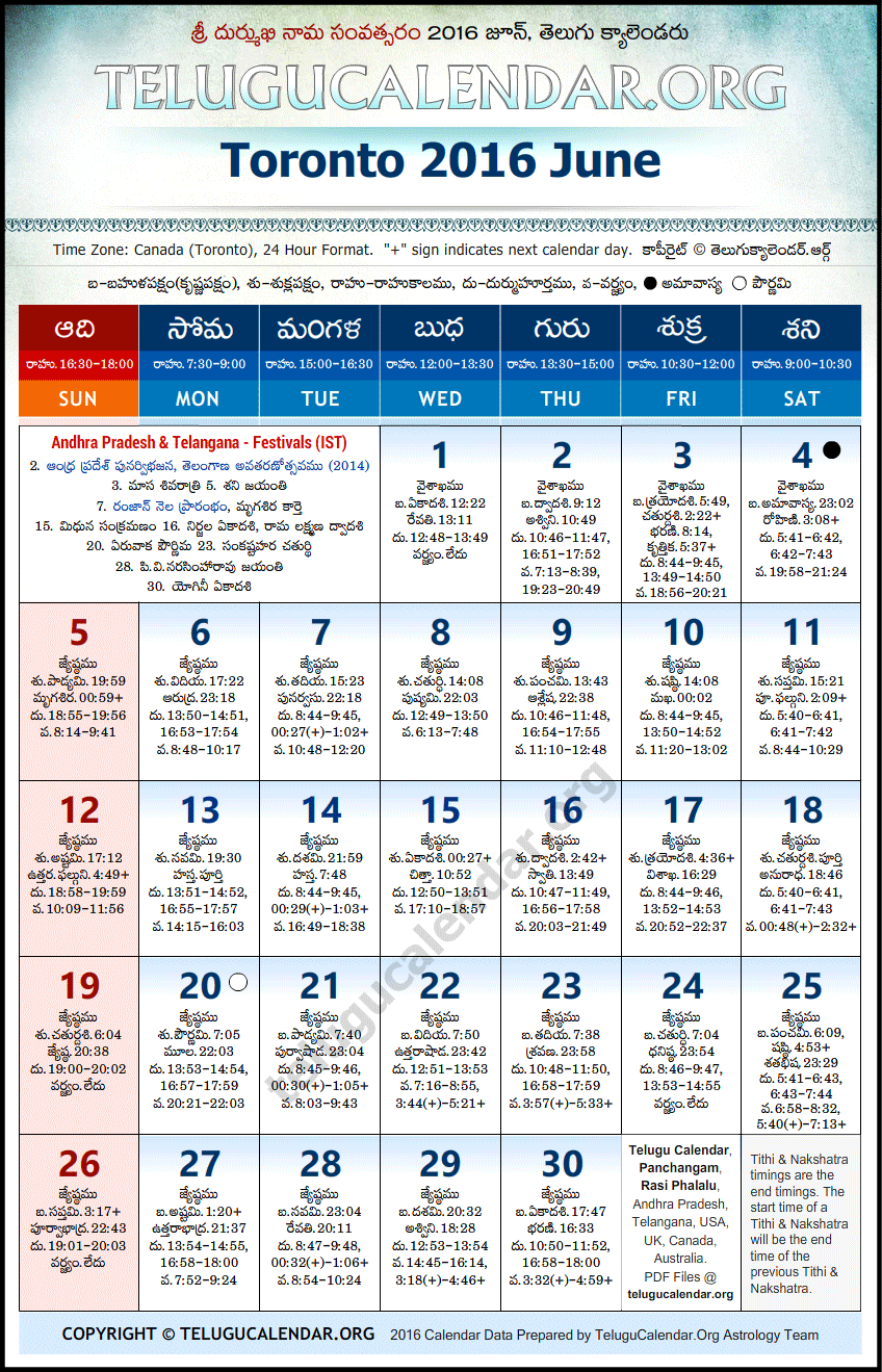 Telugu Calendar 2016 June, Toronto