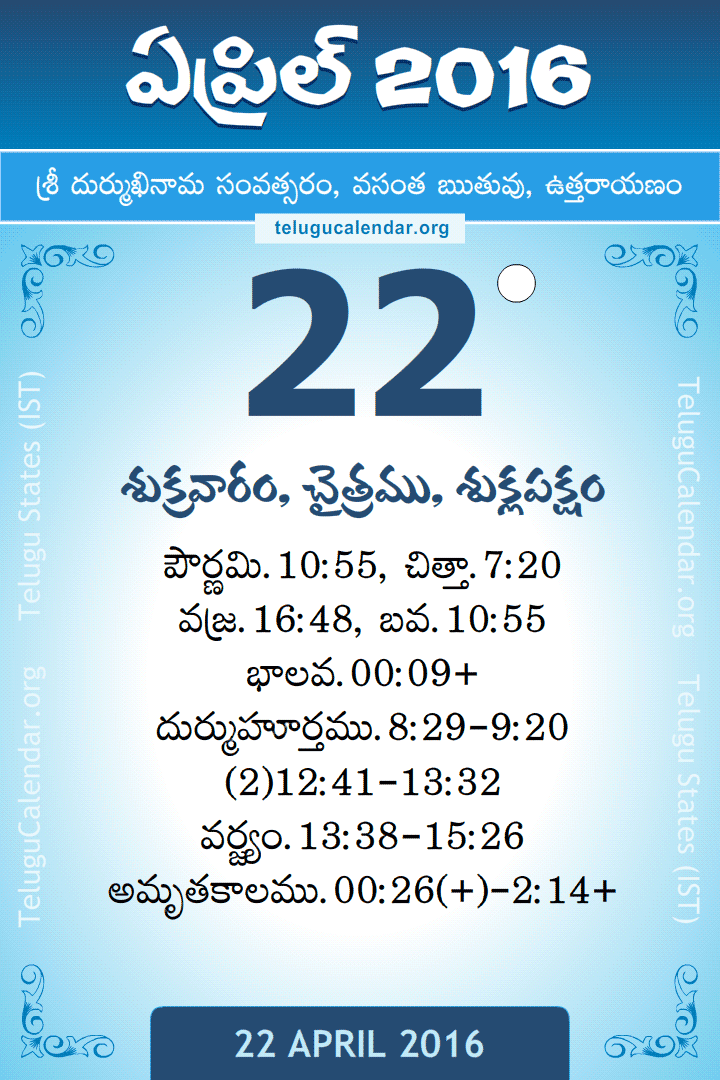 22 April 2016 Telugu Calendar