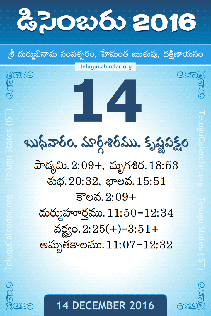 14 December 2016 Telugu Calendar