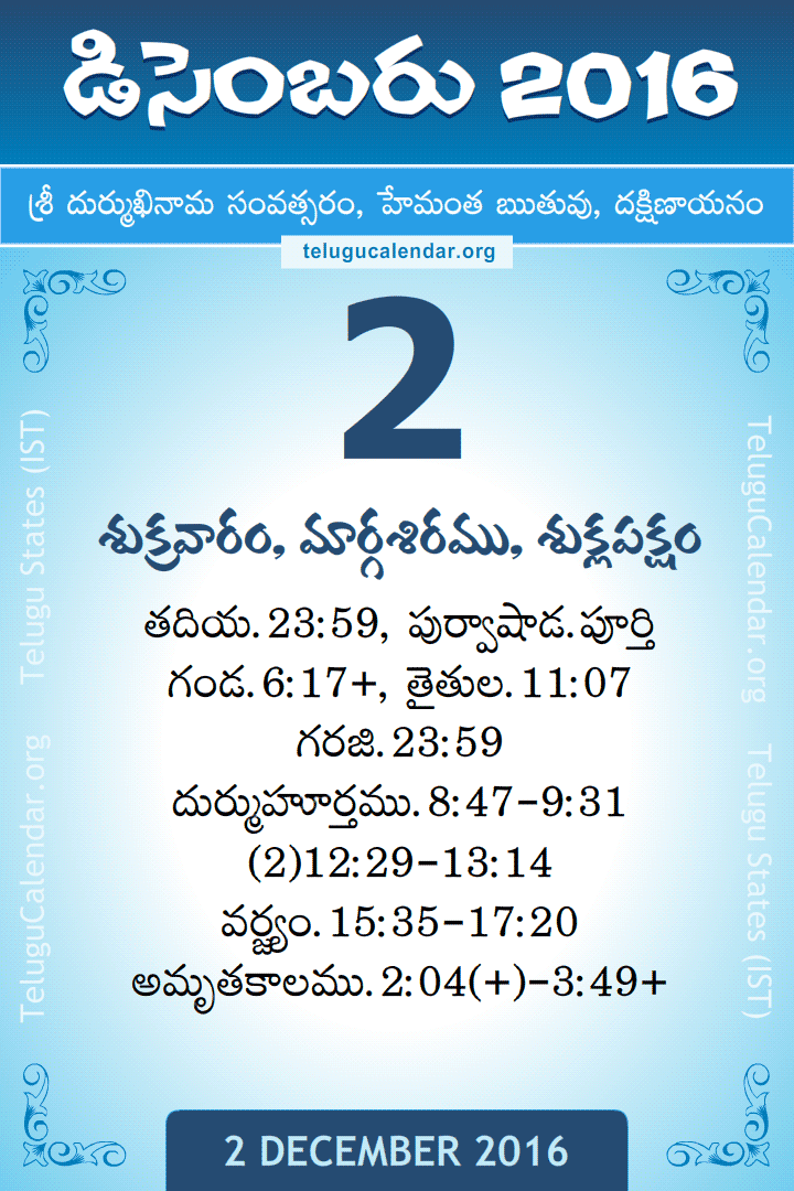 2 December 2016 Telugu Calendar