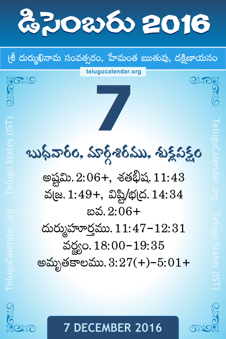 7 December 2016 Telugu Calendar