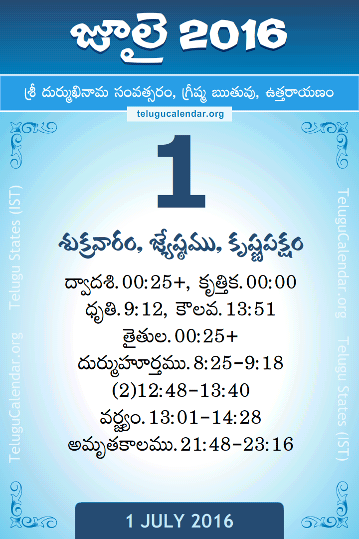 1 July 2016 Telugu Calendar