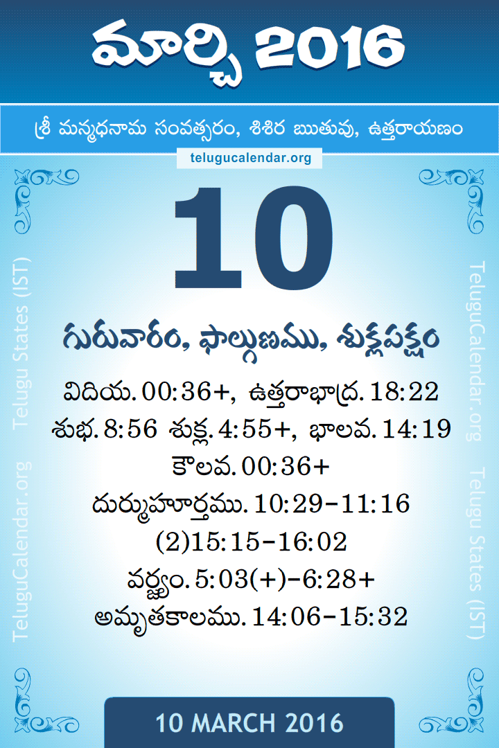 10 March 2016 Telugu Calendar