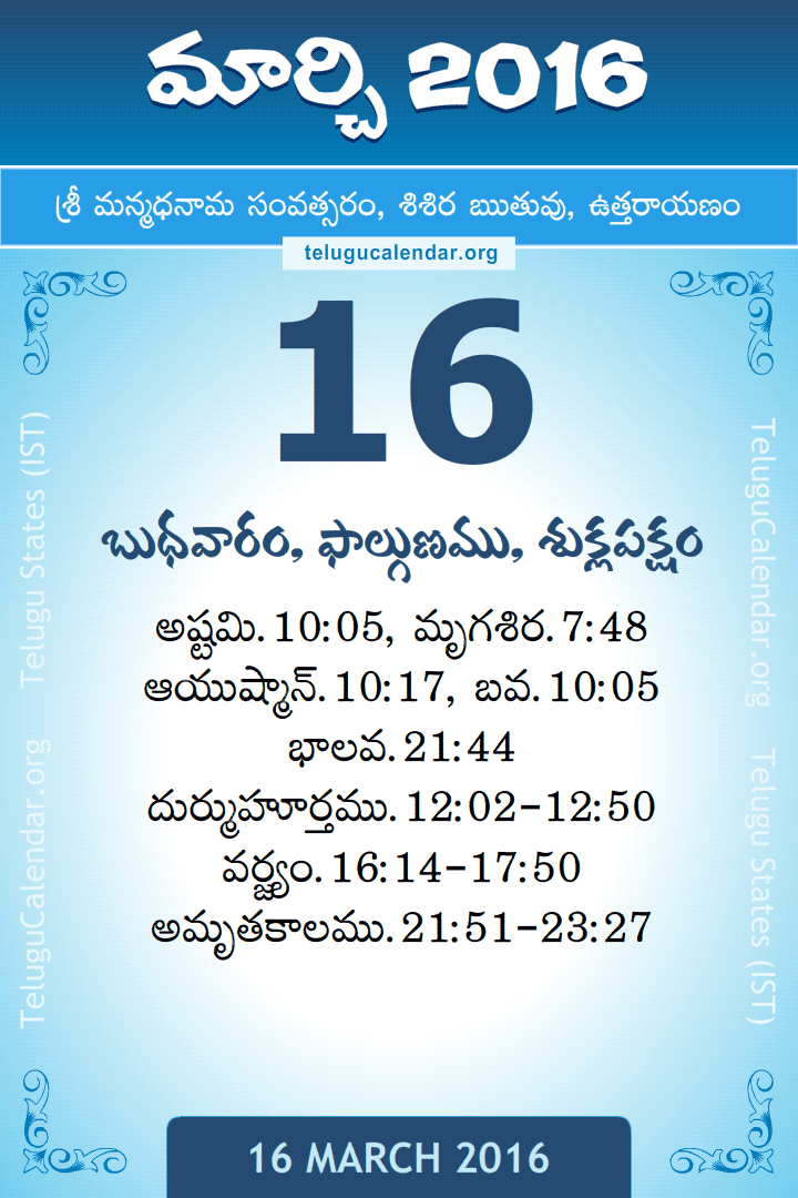 16 March 2016 Telugu Calendar