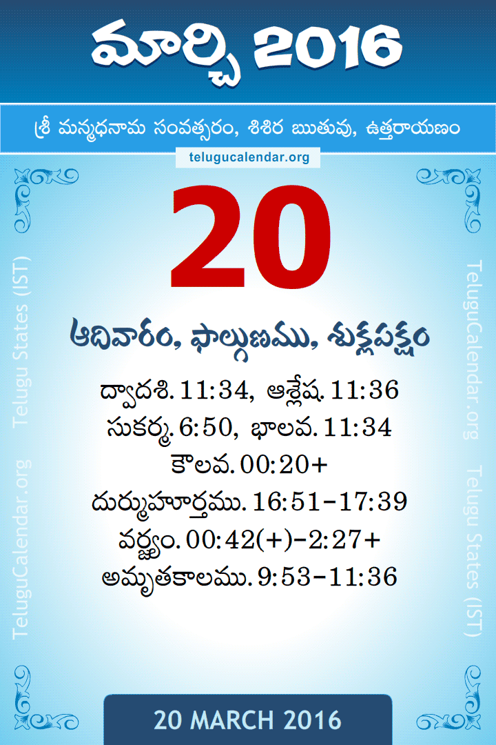20 March 2016 Telugu Calendar