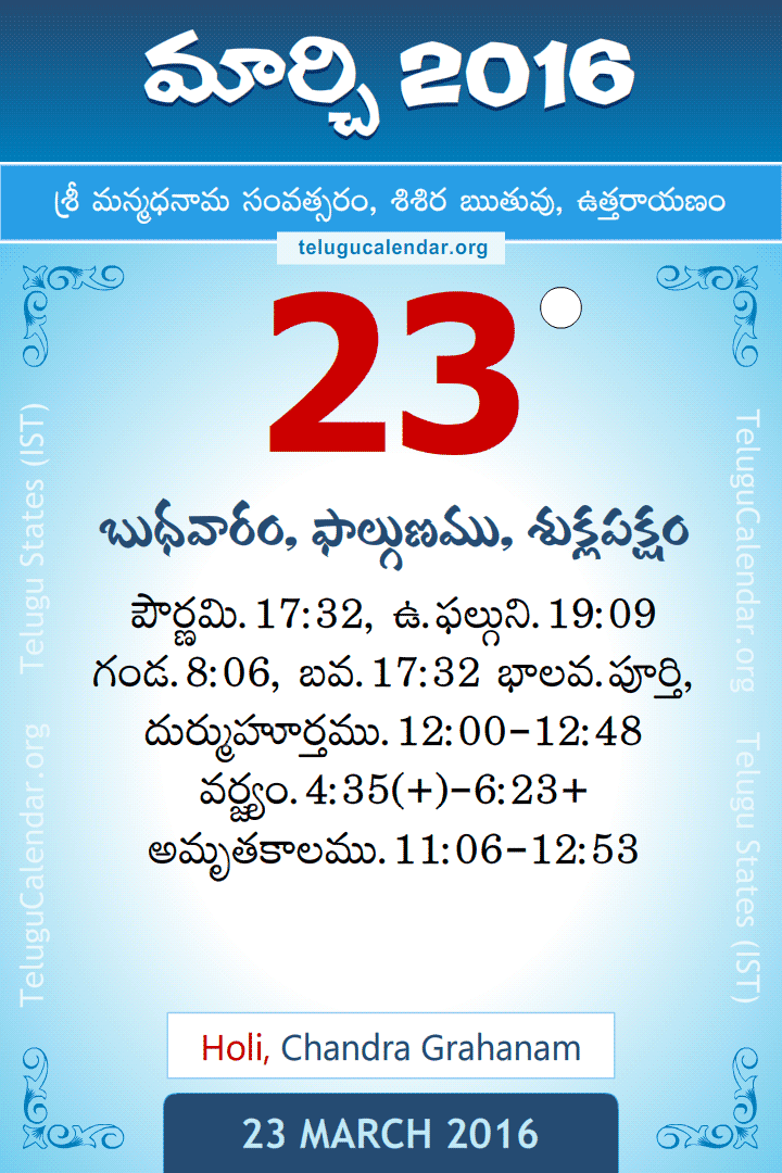 23 March 2016 Telugu Calendar