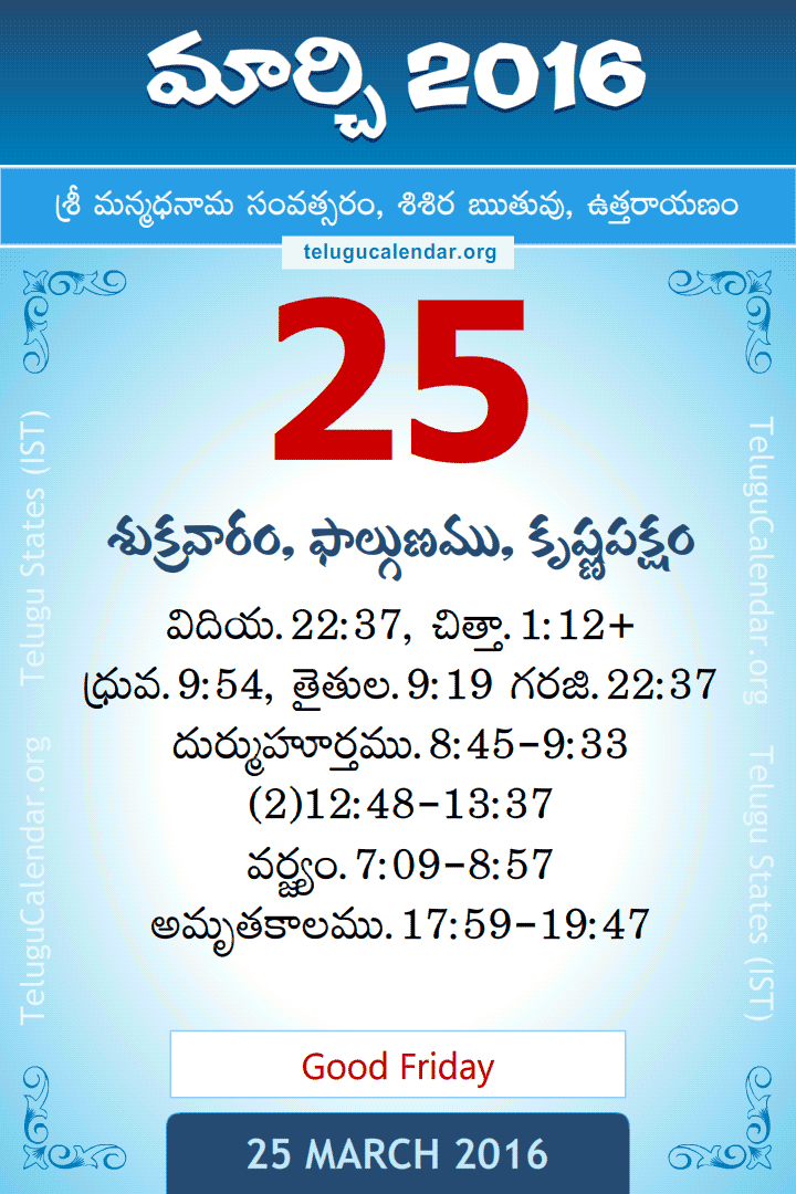 25 March 2016 Telugu Calendar