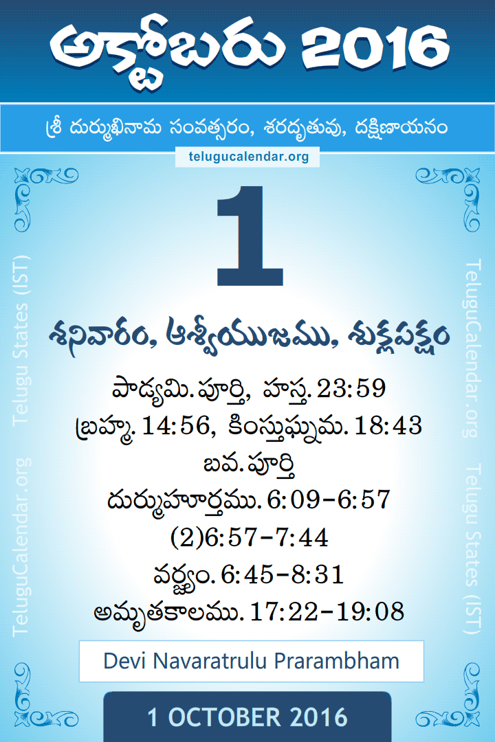 1 October 2016 Telugu Calendar