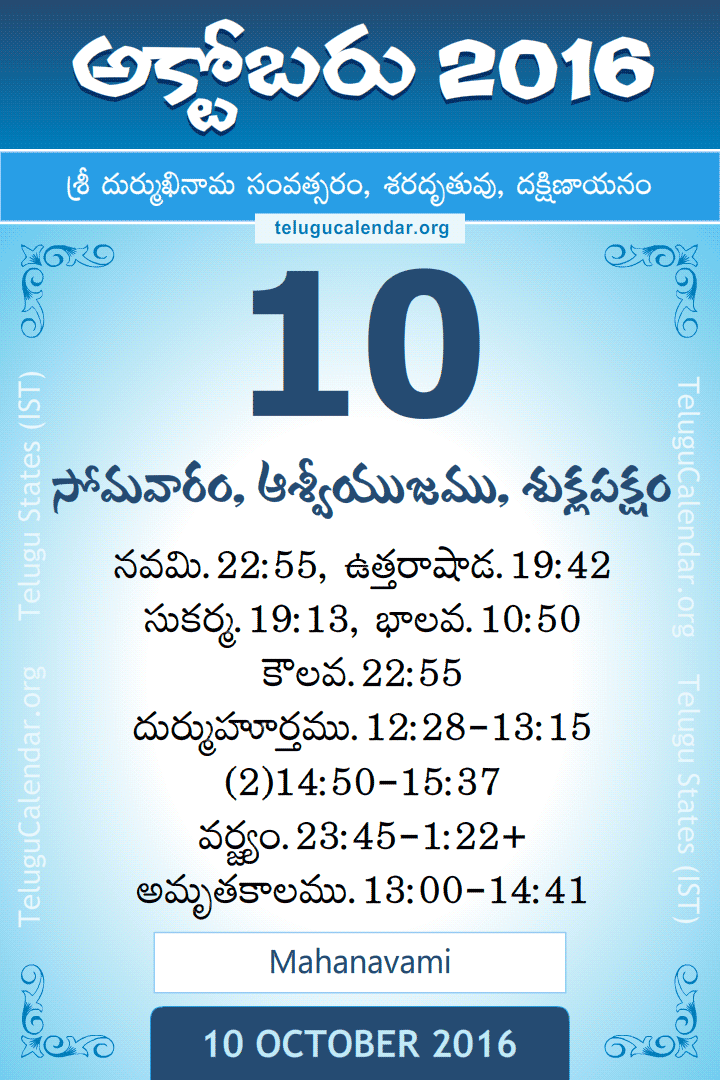10 October 2016 Telugu Calendar